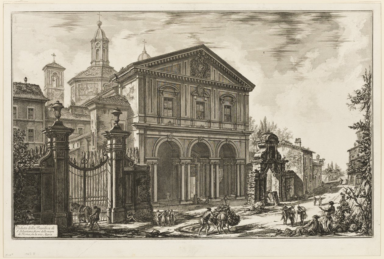 Udsigt over basilikaen San Sebastiano fuori delle mura [St. Sebastian uden for murene] på Appian Way, fra udsigt over Rom af Giovanni Battista Piranesi