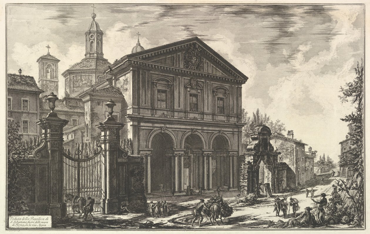 Udsigt over basilikaen San Sebastiano fuori delle mura [Sankt Sebastian uden for murene] på Via Appia, fra Vedute di Roma (Romerske udsigter) af Giovanni Battista Piranesi