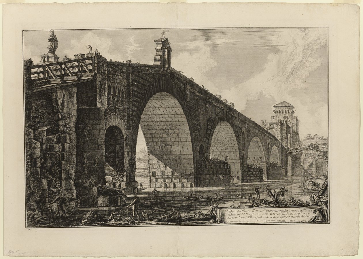 Udsigt over Ponte Molle [eller Milvian Bridge] over Tiberen to miles uden for Rom, fra udsigt over Rom af Giovanni Battista Piranesi