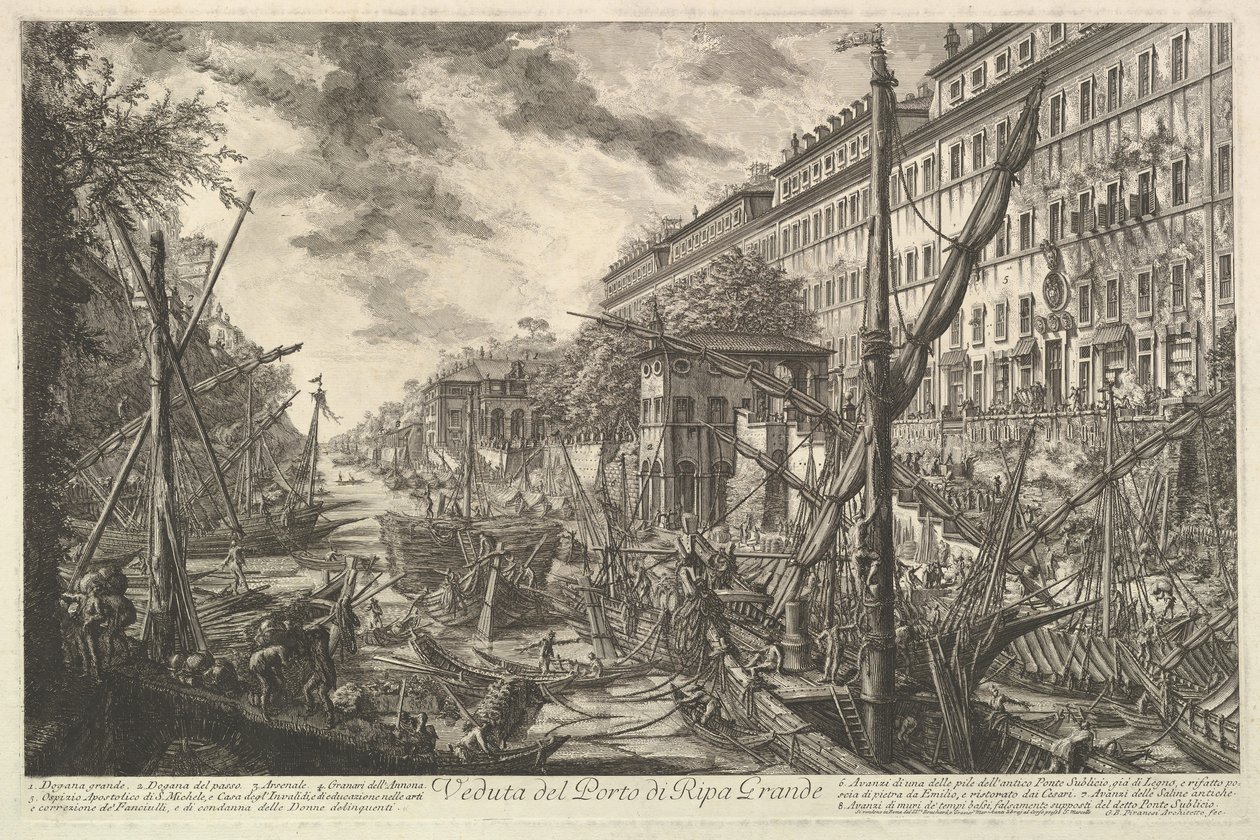 Udsigt over havnen i Ripa Grande, fra Vedute di Roma Roman Views, ca. 1753. af Giovanni Battista Piranesi