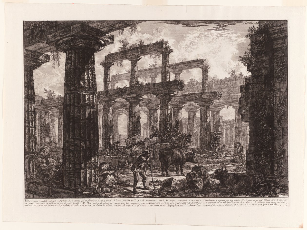 Udsigt over resterne af cellaen af Neptuntemplet, fra forskellige udsigter over Paestum af Giovanni Battista Piranesi