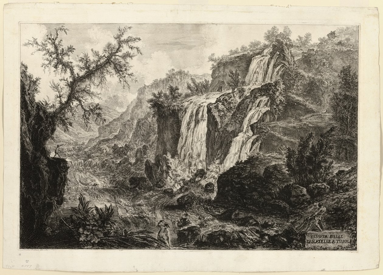 Udsigt over det lille vandfald og flodfaldene, Tivoli, fra udsigt over Rom af Giovanni Battista Piranesi
