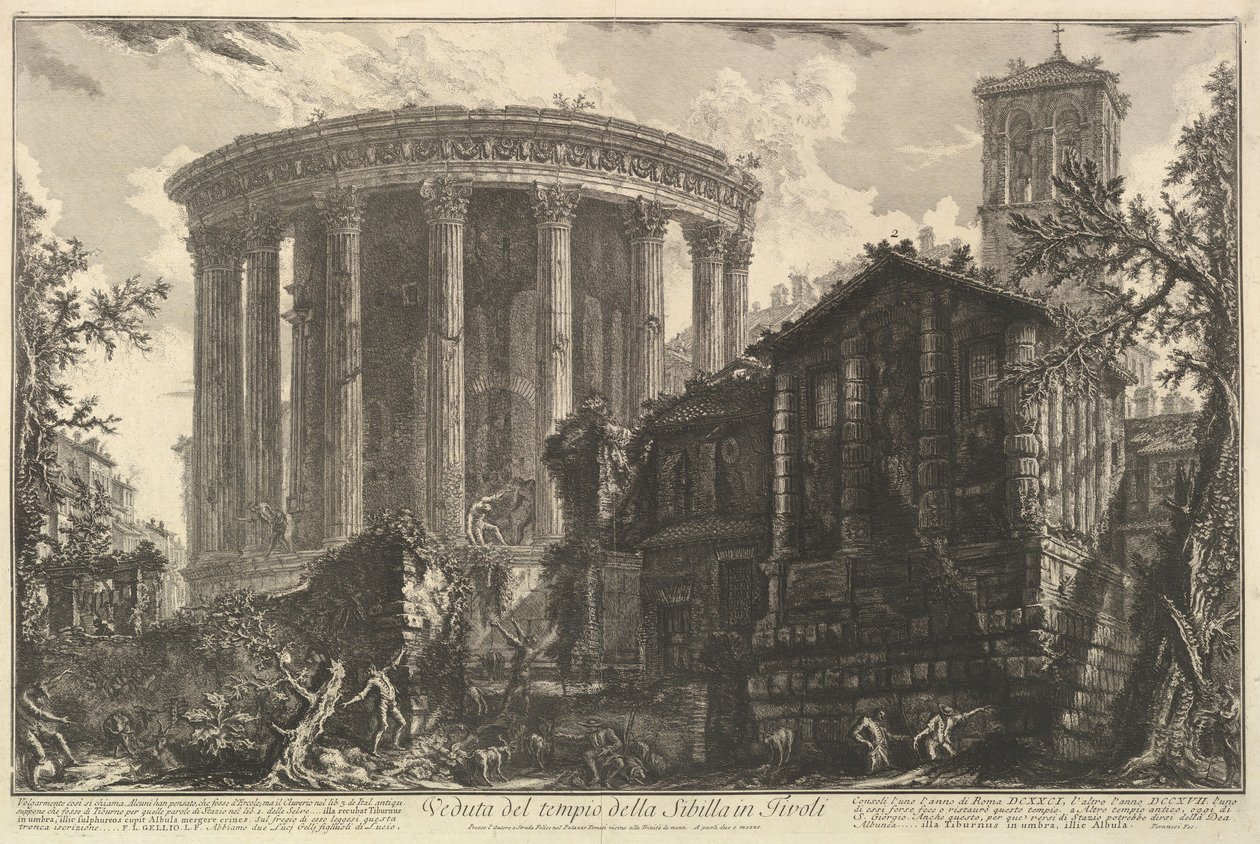 Udsigt over Sibylltemplets tempel i Tivoli, fra Vedute di Roma Roman Vi..., ca. 1761. af Giovanni Battista Piranesi