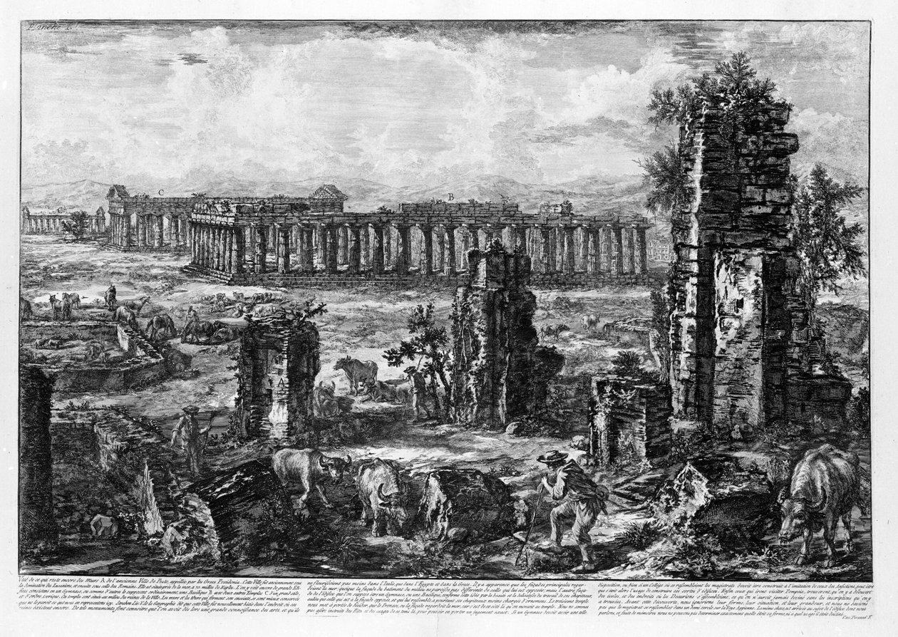 Udsigt over templerne i Paestum (litho) af Giovanni Battista Piranesi
