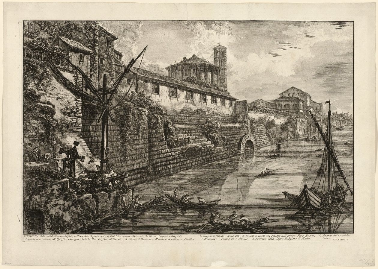 Udsigt over den gamle struktur bygget af Tarquinius Superbus kaldet Bel Lido, og ligesom andre, bygget af Marcus Agrippa på Augustus tid, da han rensede alle kloakker, der fører til Tiberen, fra udsigt over Rom af Giovanni Battista Piranesi