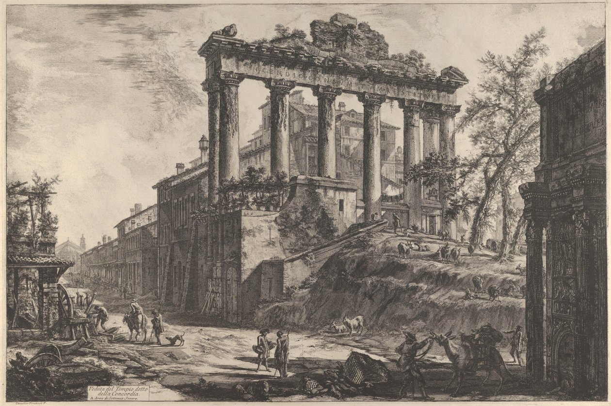 Udsigt over det såkaldte Concordia-tempel med Saturntemplet, til højre Septimius Severus