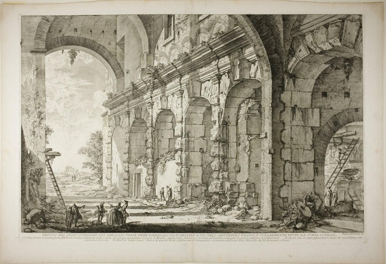 Udsigt over den øverste etage af Bure for vilde dyr bygget af kejser Domitian, forbundet med det flaviske amfiteater og almindeligvis kaldet Curia Hostilia, fra udsigt over Rom af Giovanni Battista Piranesi
