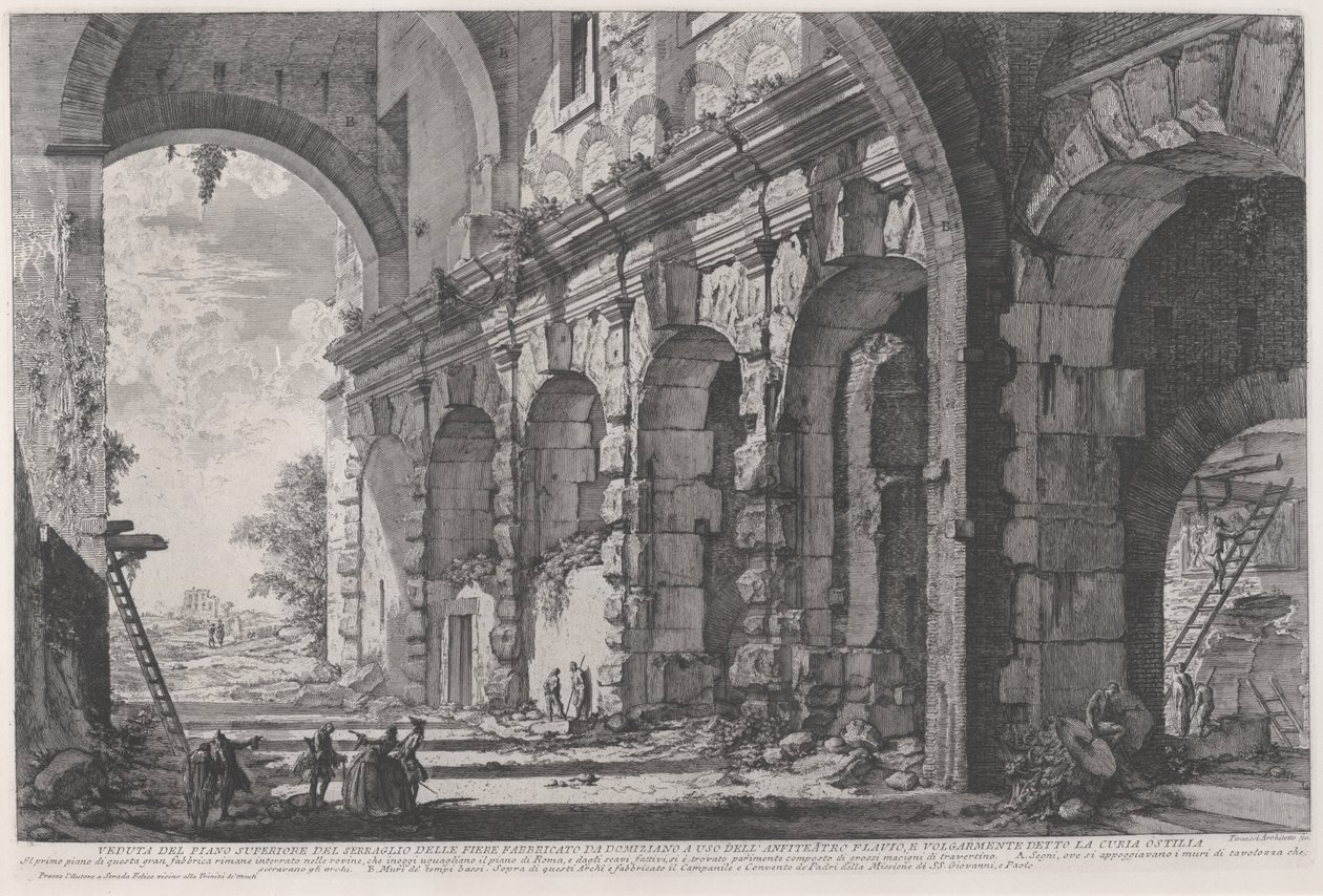 Udsigt over den øverste etage af Bure for vilde dyr bygget af kejser Domitian, forbundet med det flaviske amfiteater og almindeligvis kaldet Curia Hostilia, ca. 1760-1778 (radering) af Giovanni Battista Piranesi