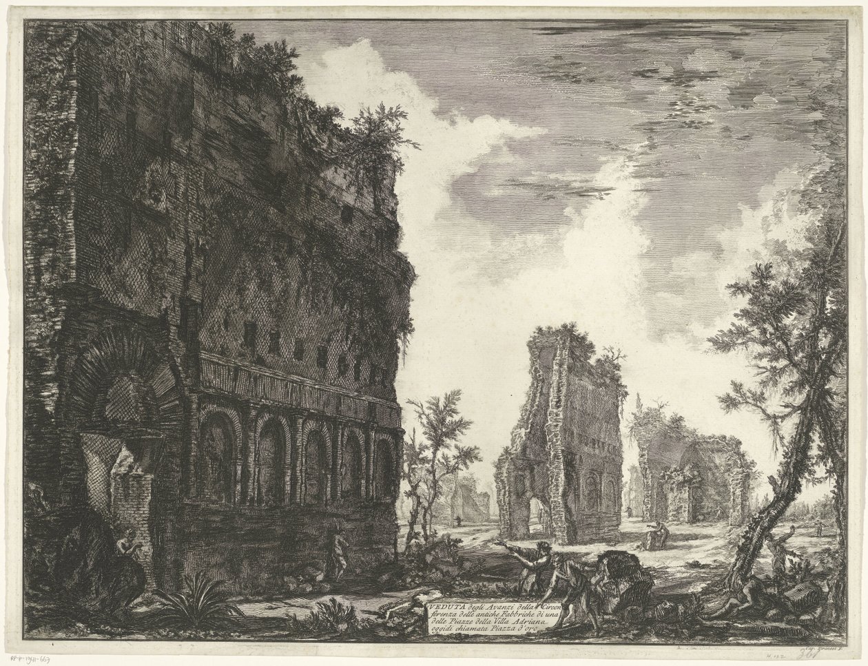 Villa Adriana t og Tivoli Udsigt over resterne af omkredsen af ​​de gamle fabrikker på en af ​​pladserne i Villa Adriana (titel på objektet) Gezichten op Rom (serietitel) Udsigt over Rom designet og indgraveret af Giambattista Piranesi-arkitekten Ve ( af Giovanni Battista Piranesi
