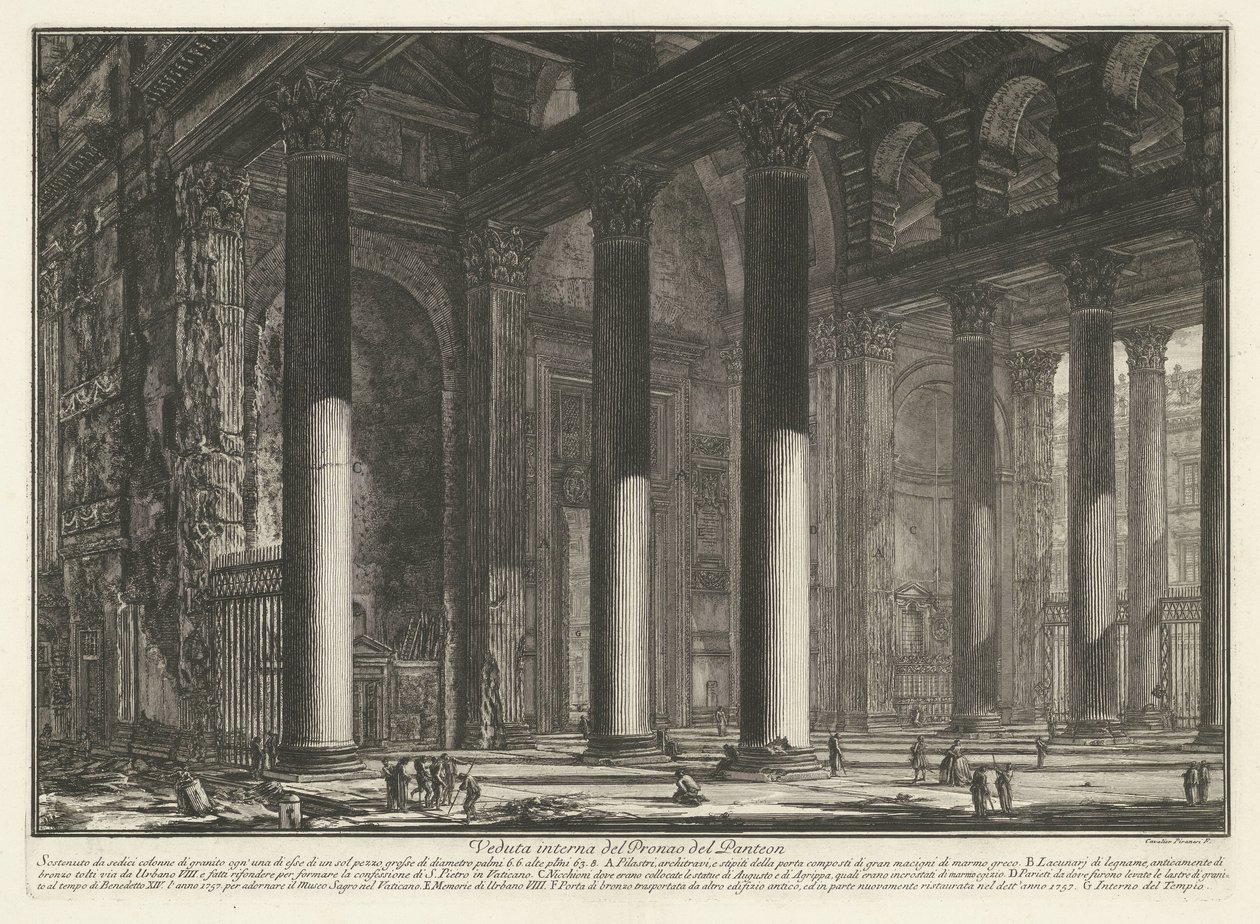 Forportaal af Pantheon i Rom Indvendigt billede af Pronao del Panteon (titel på objekt) Gezichten op Rom (serietitel) Udsigt over Rom designet og indgraveret af Giambattista Piranesi-arkitekten Ve (nez) iano (serietitel) af Giovanni Battista Piranesi