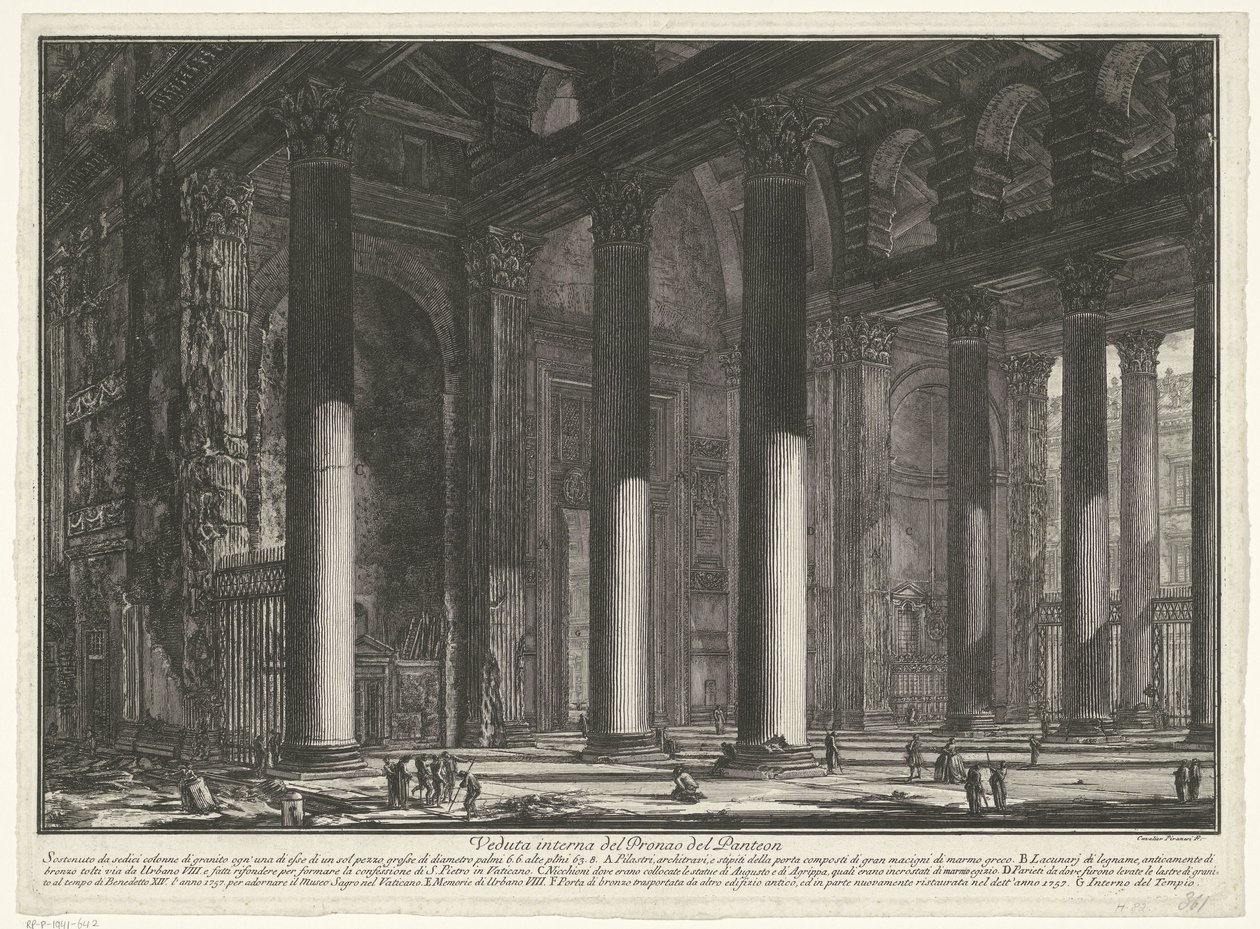 Forportaal af Pantheon i Rom Indvendig visning af Pronaos of the Pantheon (titel på objekt) Gezichten op Rom (serietitel) Udsigt over Rom designet og indgraveret af Giambattista Piranesi-arkitekten Ve (nez) iano (serietitel) af Giovanni Battista Piranesi