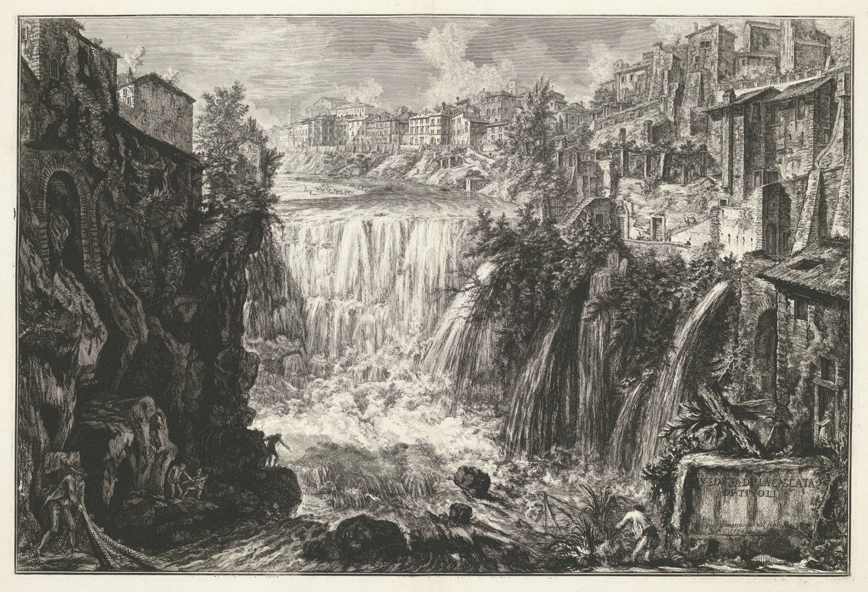 Waterval i Tivoli Udsigt over Tivoli-vandfaldet (titel på objekt) Gezichten op Rom (serietitel) Udsigt over Rom designet og indgraveret af Giambattista Piranesi-arkitekten Ve (nez) iano (serietitel) af Giovanni Battista Piranesi