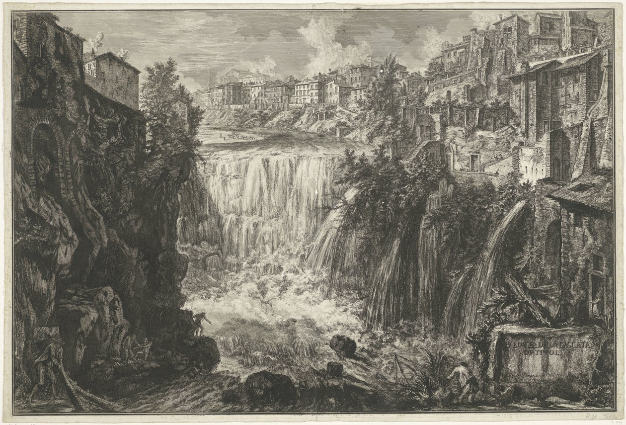 Waterval i Tivoli Udsigt over Tivoli-vandfaldet (titel på objekt) Gezichten op Rom (serietitel) Udsigt over Rom designet og indgraveret af Giambattista Piranesi-arkitekten Ve (nez) iano (serietitel) af Giovanni Battista Piranesi