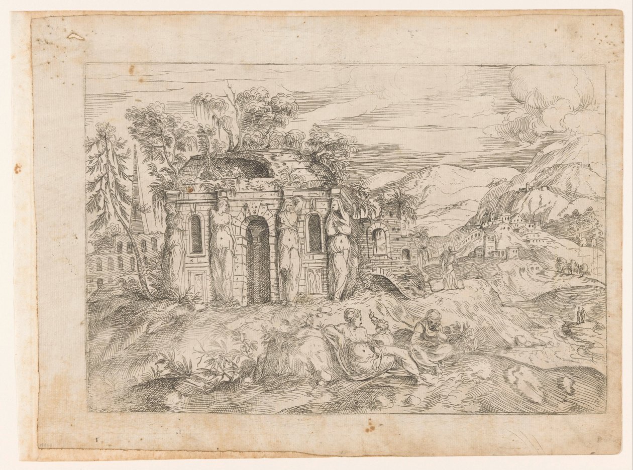 Landskab med antikt tempel med karyatider af Giovanni Battista Pittoni (I) (attributed to)