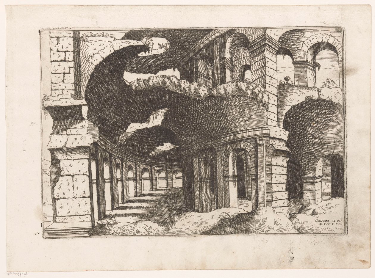 Udsigt i Colosseum i Rom Colossaei ro pros.us (titel på objekt) Romerske ruiner (serietitel) Nogle vigtige monumenter fra romersk oldtid (...) (serietitel) af Giovanni Battista Pittoni (I)