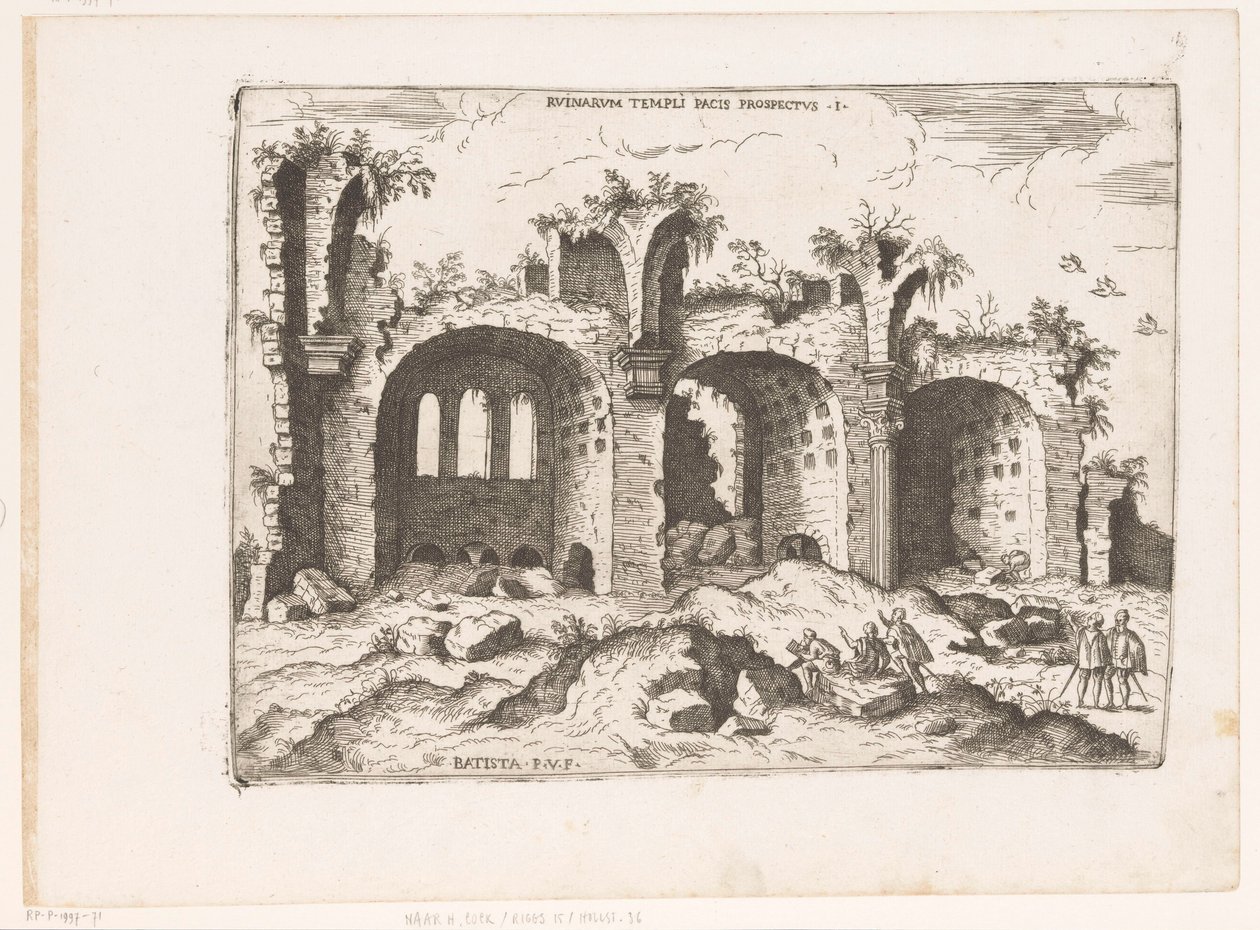 Gezicht op de Basilica van Maxentius te Rom Udsigt over ruinerne af Fredens tempel (titel på objektet) Romerske ruiner (serietitel) Nogle vigtige monumenter fra romersk oldtid (...) (serietitel) af Giovanni Battista Pittoni (I)