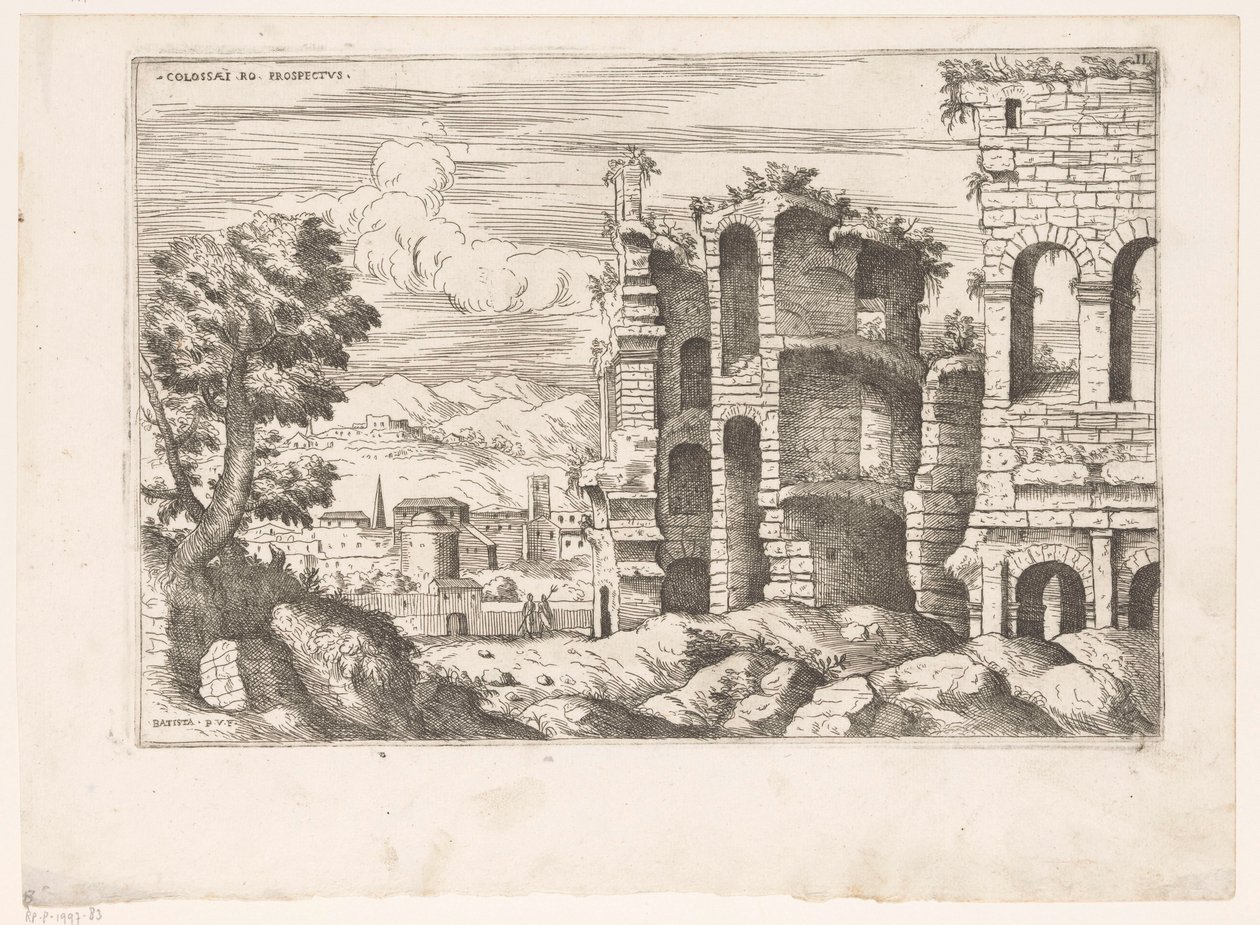 Se på Colosseum og omgivelserne i Rom Colosseum ro prospekt (titel på objekt) Romerske ruiner (serietitel) Nogle vigtige monumenter fra den romerske oldtid (...) (serietitel) af Giovanni Battista Pittoni (I)