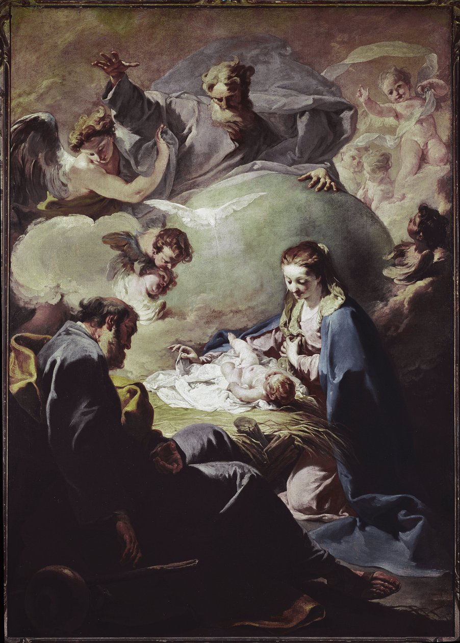 Fødsel med den Almægtige og Helligånden. (olie på lærred, omkring 1740) af Giovanni Battista Pittoni