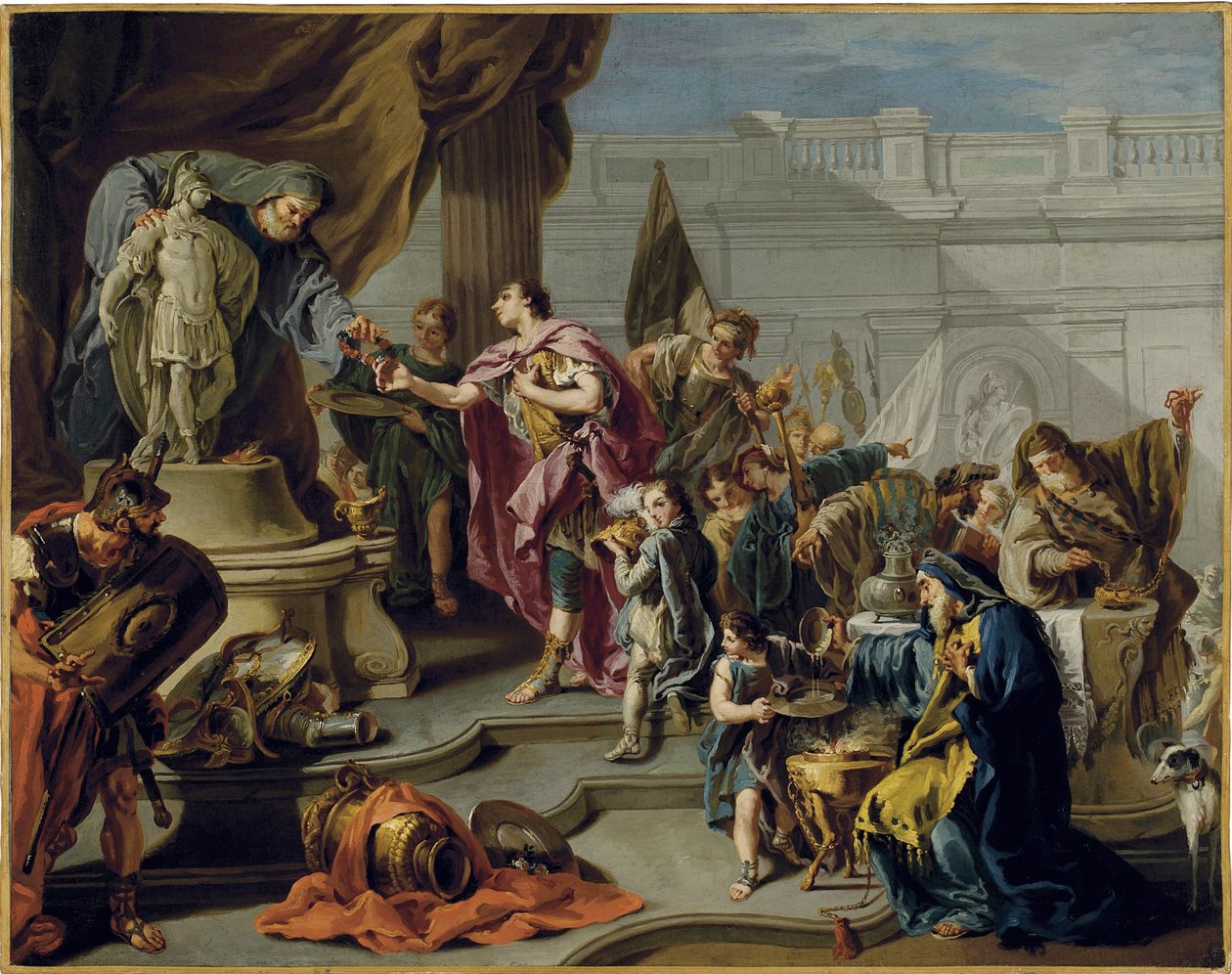 Afrikaneren Scipion (Publius Cornelius Scipio Africanus) (235-183 f.Kr.) hylder guden Mars (Scipio hylder Mars) - Maleri af Giovan Battista Pittoni (1687-1767), olie på lærred (71,7x91,1 cm) - Privat samling af Giovanni Battista Pittoni