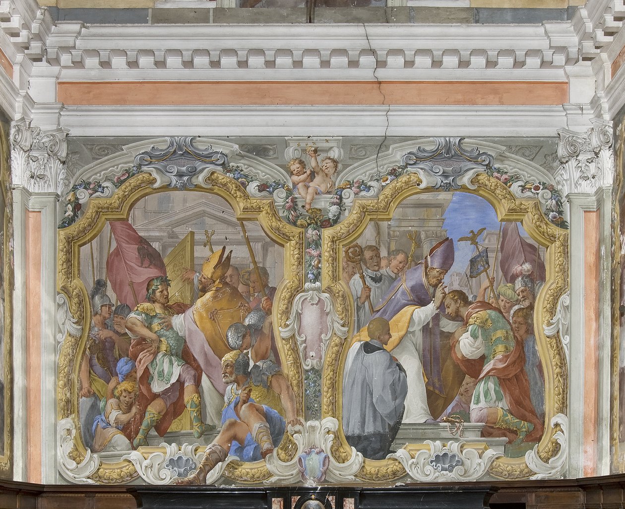Sankt Ambrosius forviser kejser Theodosius fra templet og Theodosius anger og velsignelse af Giovanni Battista Pozzo