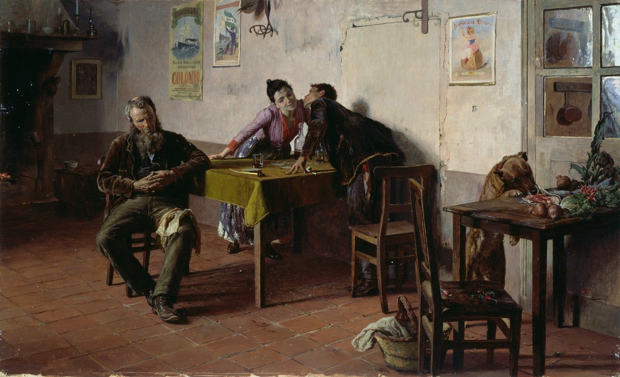 Confidences, af Giovanni Battista Quadrone (1844-1898), olie på panel, 30,5x52 cm af Giovanni Battista Quadrone