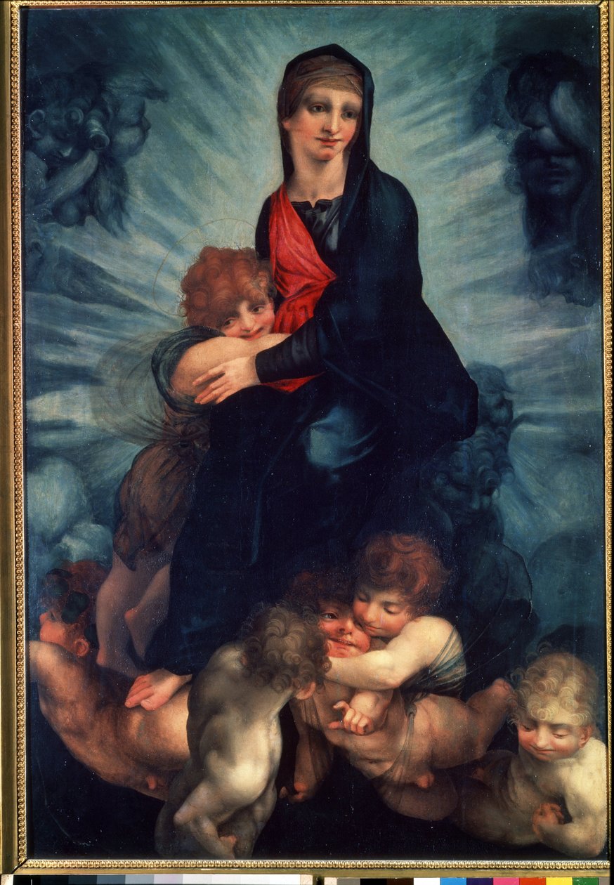 Jomfruen og barnet med engle (Jomfruen og barnet med engle). Maleri af Fiorentino Rosso (1495-1540). Olie på lærred af Giovanni Battista Rosso Fiorentino