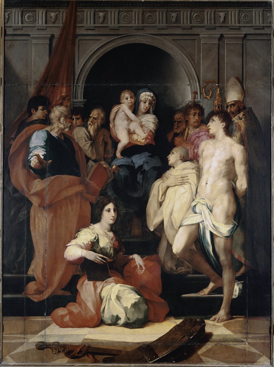 Madonna på tronen har barnet og helgenerne (olie på lærred af Giovanni Battista Rosso Fiorentino