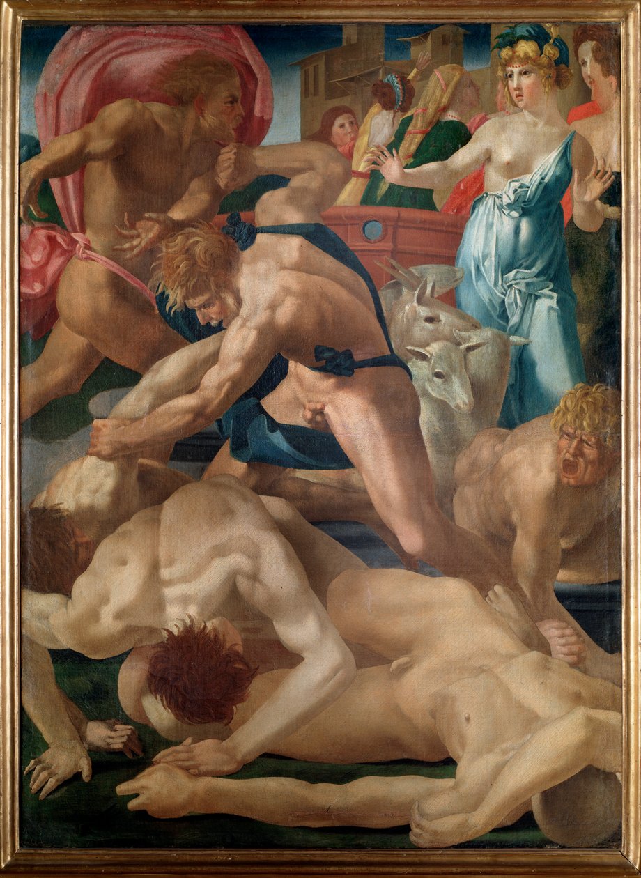 Moses forsvarer Jethros døtre - olie på lærred af Giovanni Battista Rosso Fiorentino