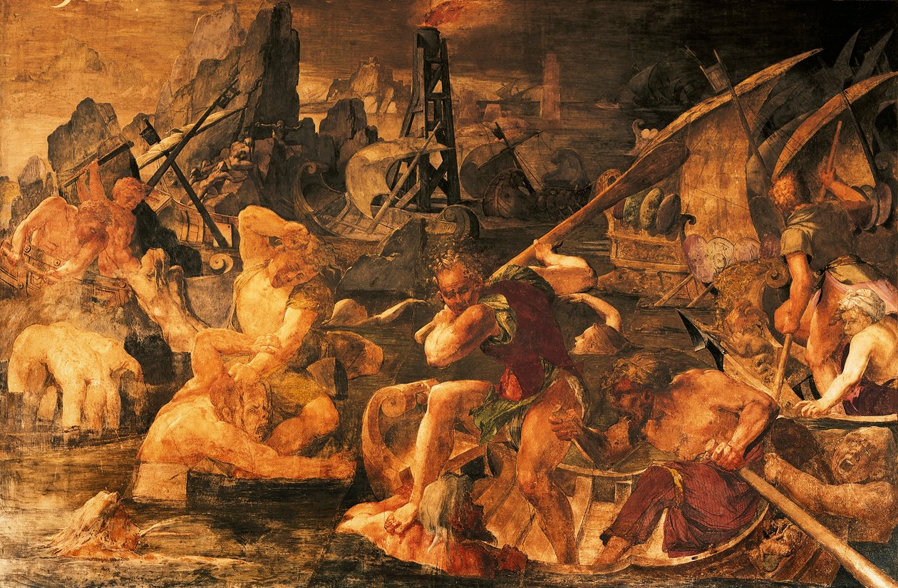 Søkamp, fresco Gallery of Francis I, Chateau de Fontainebleau (et verdensarvssted af UNESCO af Giovanni Battista Rosso Fiorentino