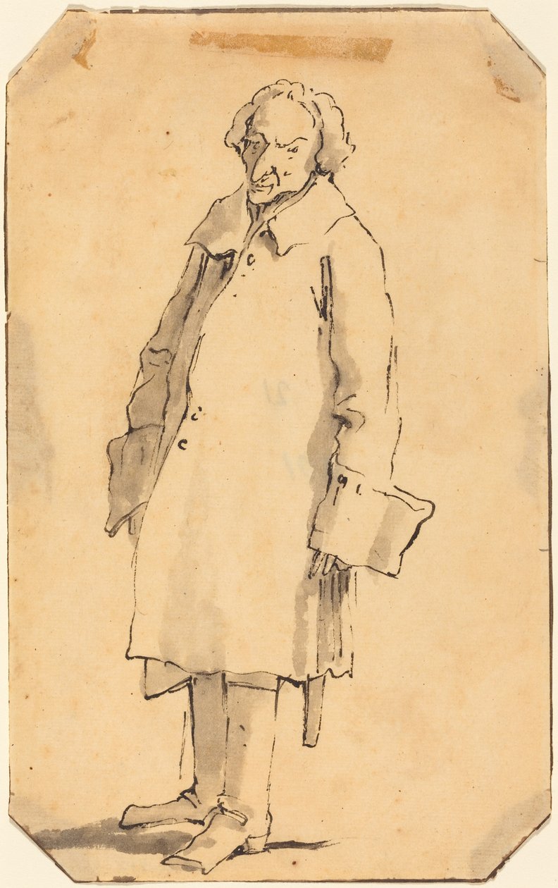 En stående mand iført en lang frakke og støvler af Giovanni Battista Tiepolo