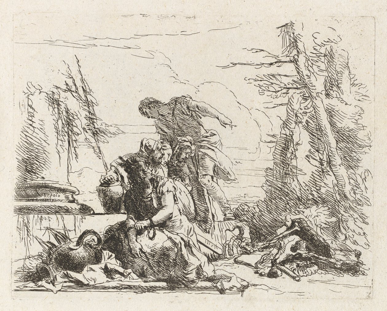 En kvinde med sine arme i lænker og fire andre figurer, fra Vari capricci (Various Capriccios) af Giovanni Battista Tiepolo