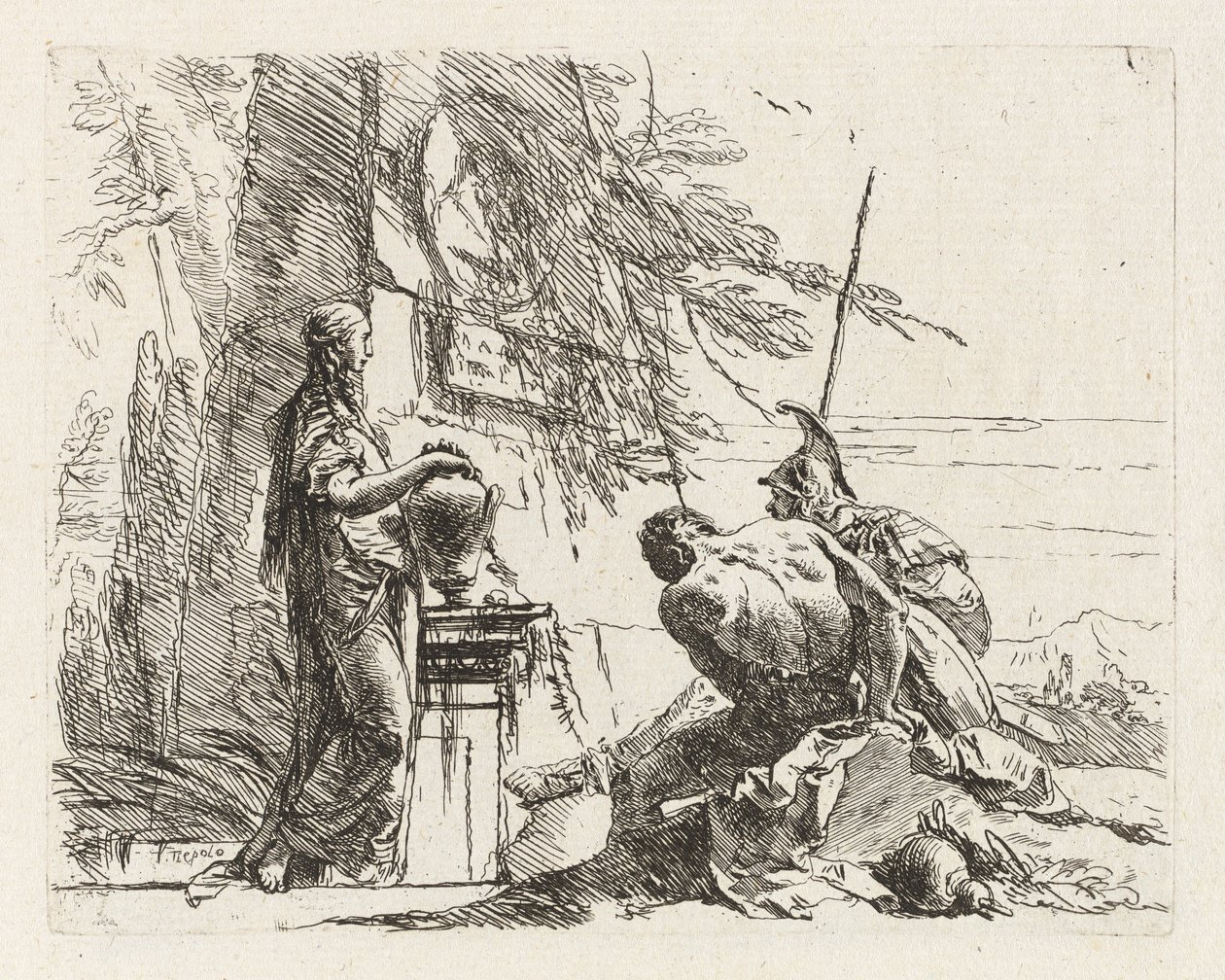 En kvinde med hænderne på en vase, en soldat og en slave, fra Vari capricci (Various Capriccios) af Giovanni Battista Tiepolo