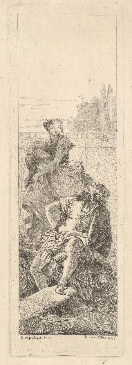 A bearded, seated man looks over his right shoulder toward a child and woman bearin ..., ca. 1750-55. dani af Giovanni Battista Tiepolo