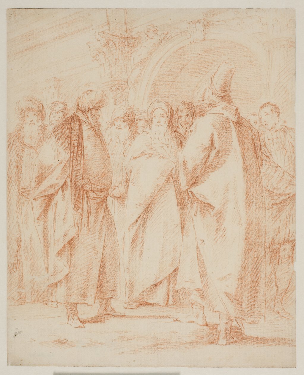 En gruppe mænd samledes foran en port af Giovanni Battista Tiepolo