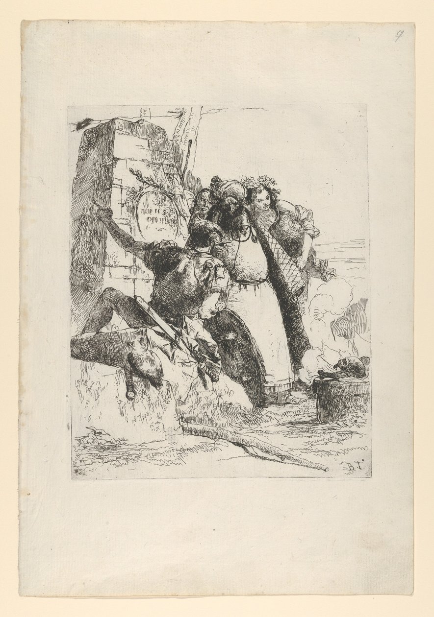 En tryllekunstner, en soldat og tre skikkelser ser på et brændende kranium fra Scherzi d..., ca. 1743-50. af Giovanni Battista Tiepolo