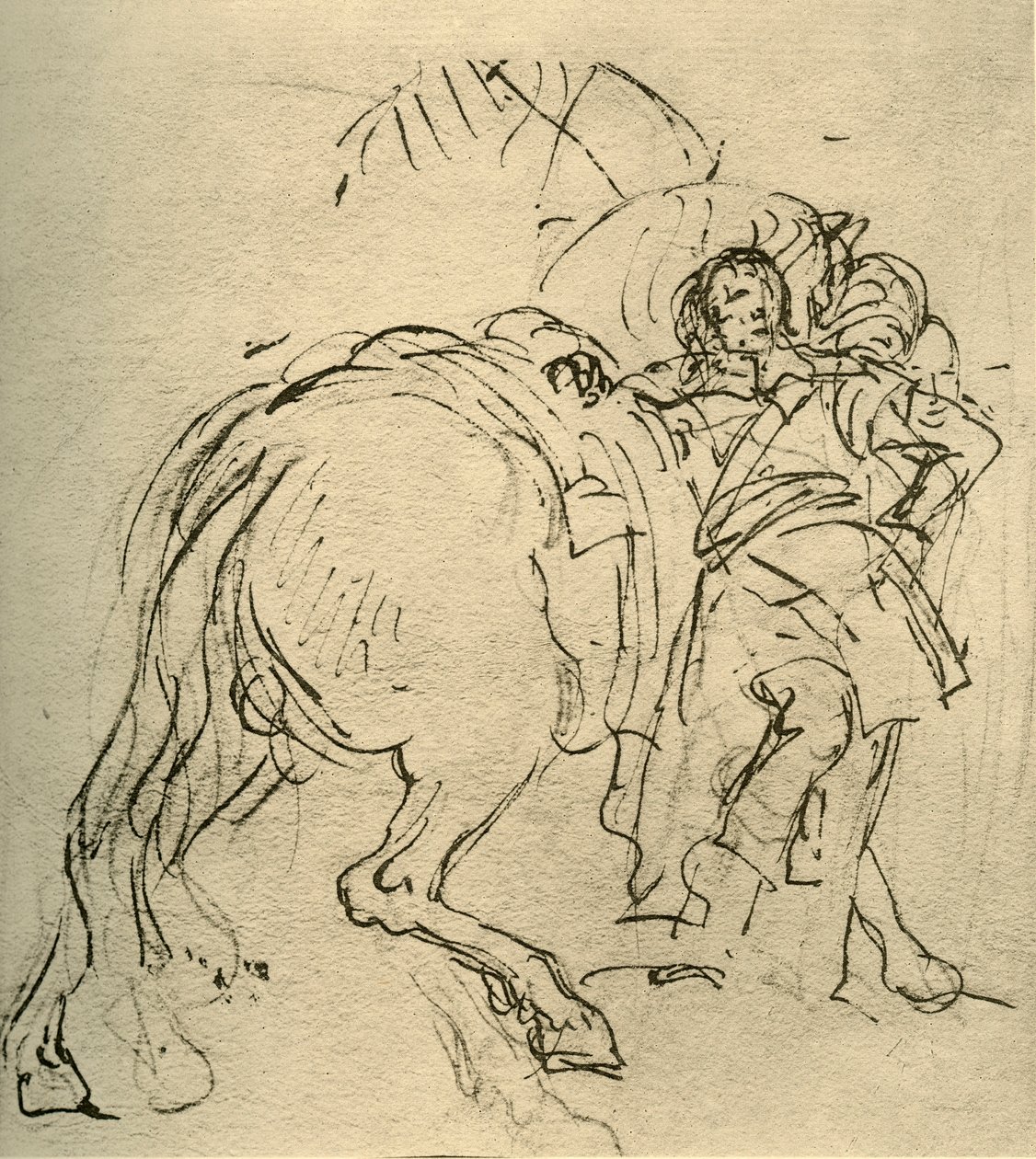 En rytter lænet sig op ad sin hest, c1740