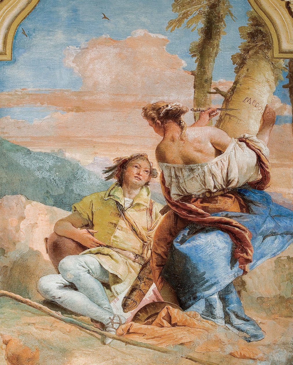Angelica skærer Medoros navn ind i et træ, fra Orlando Furiosos værelse i Palazzina, 1757 af Giovanni Battista Tiepolo