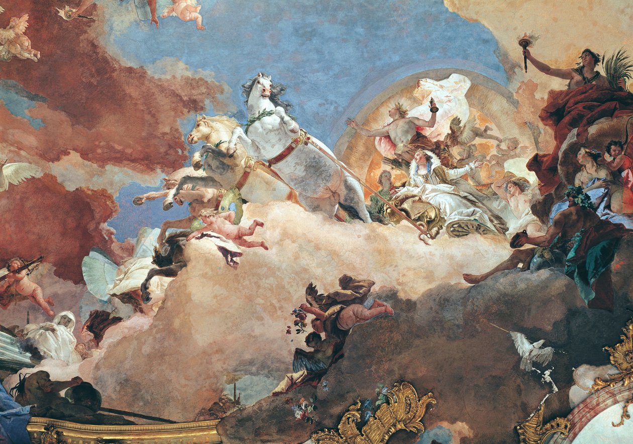 Apollo i sin solvogn kører Beatrice I (1145-84) til Frederick I Barbarossa (1122-90) detalje fra loftet i det kejserlige rum (fresko) af Giovanni Battista Tiepolo