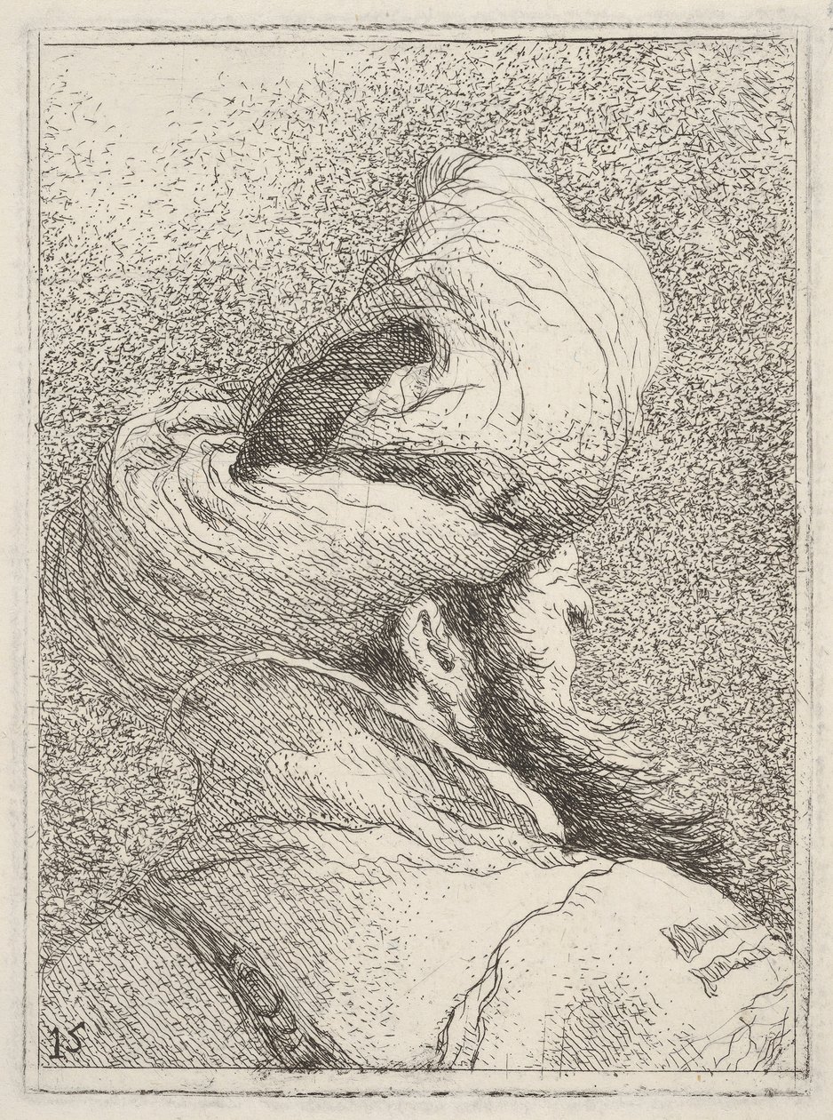 Skægget mand iført turban, afbildet i brystlængde bagfra i trekvart vi..., ca. 1770. af Giovanni Battista Tiepolo