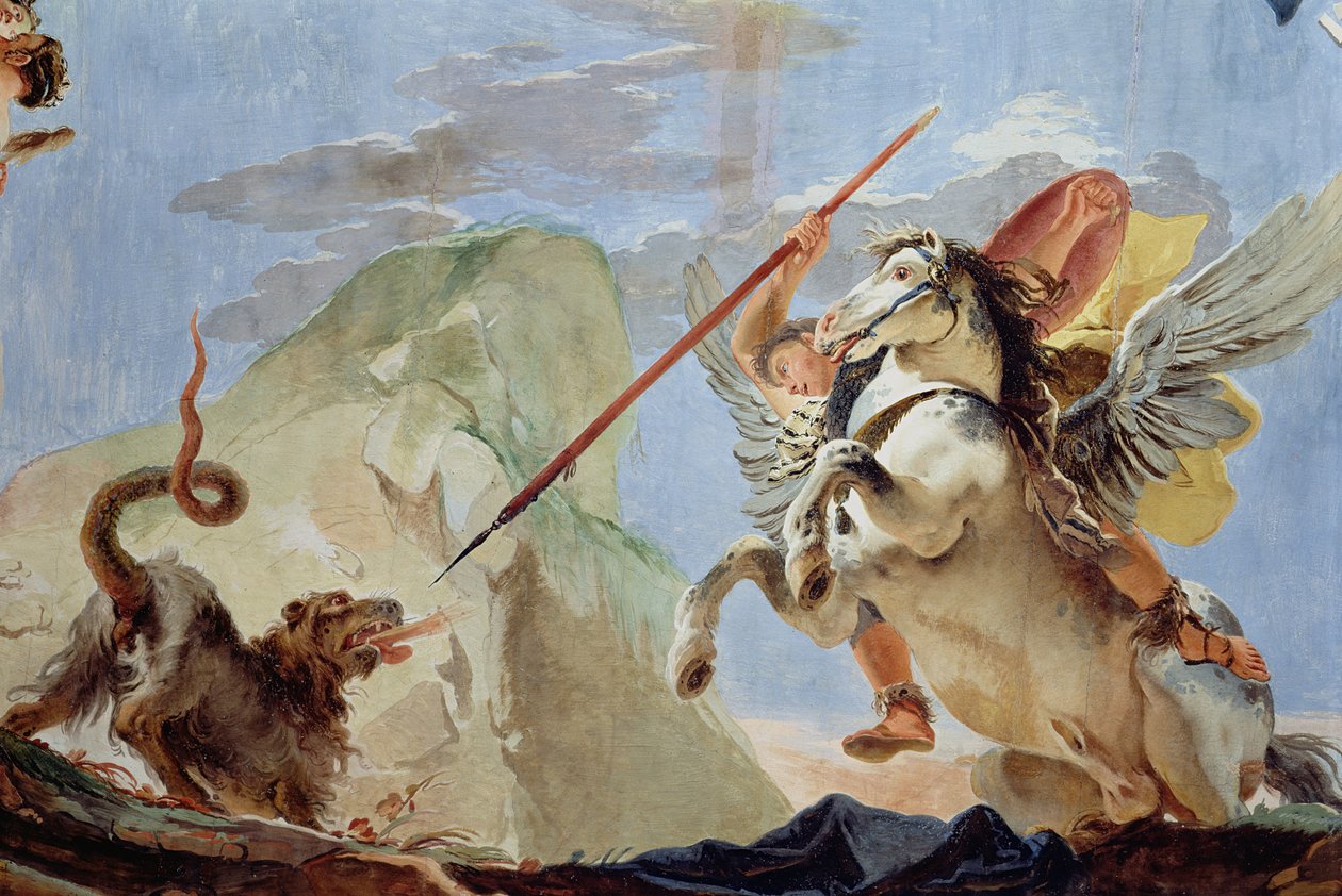 Bellerophon, rider Pegasus, dræber Chimaera, detalje af loftfrescoen se også 64554 af Giovanni Battista Tiepolo