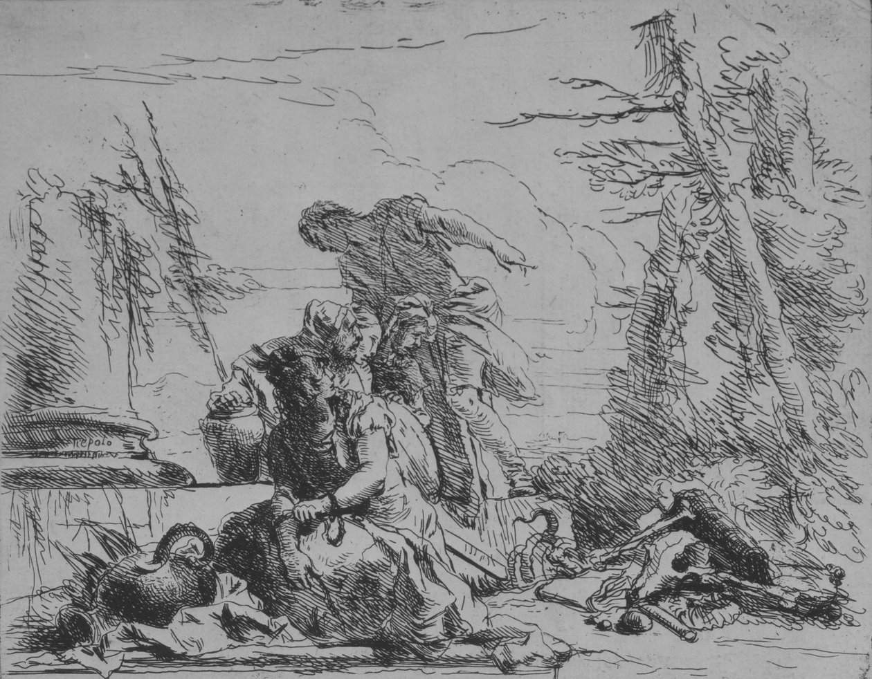 Lænket kvinde og andre figurer angående en knoglepyre, fra Capricci, 1743. af Giovanni Battista Tiepolo
