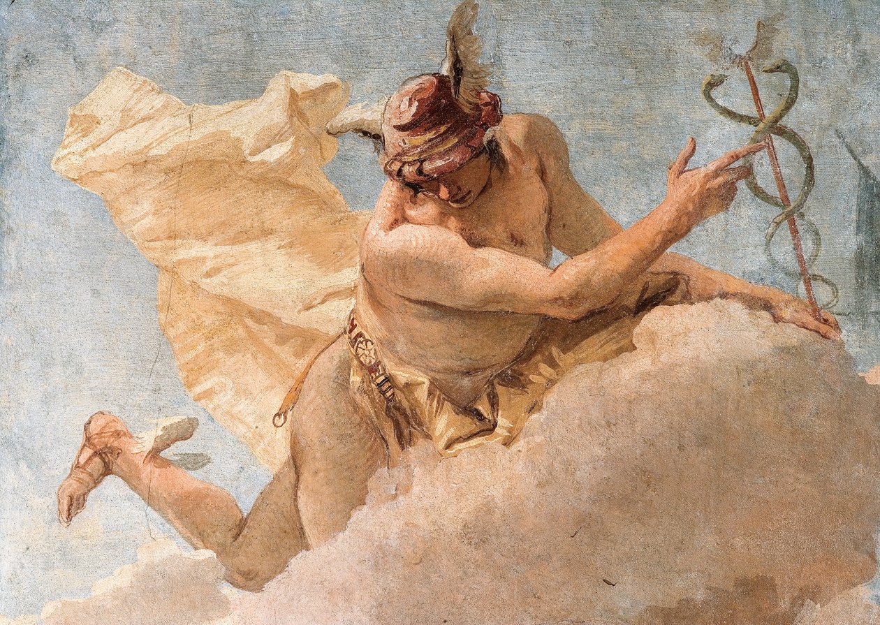 Detalje af Merkur, fra Merkur, der formaner Æneas til at forlade Kartago, fra Ænidens værelse i Palazzina, 1757 af Giovanni Battista Tiepolo