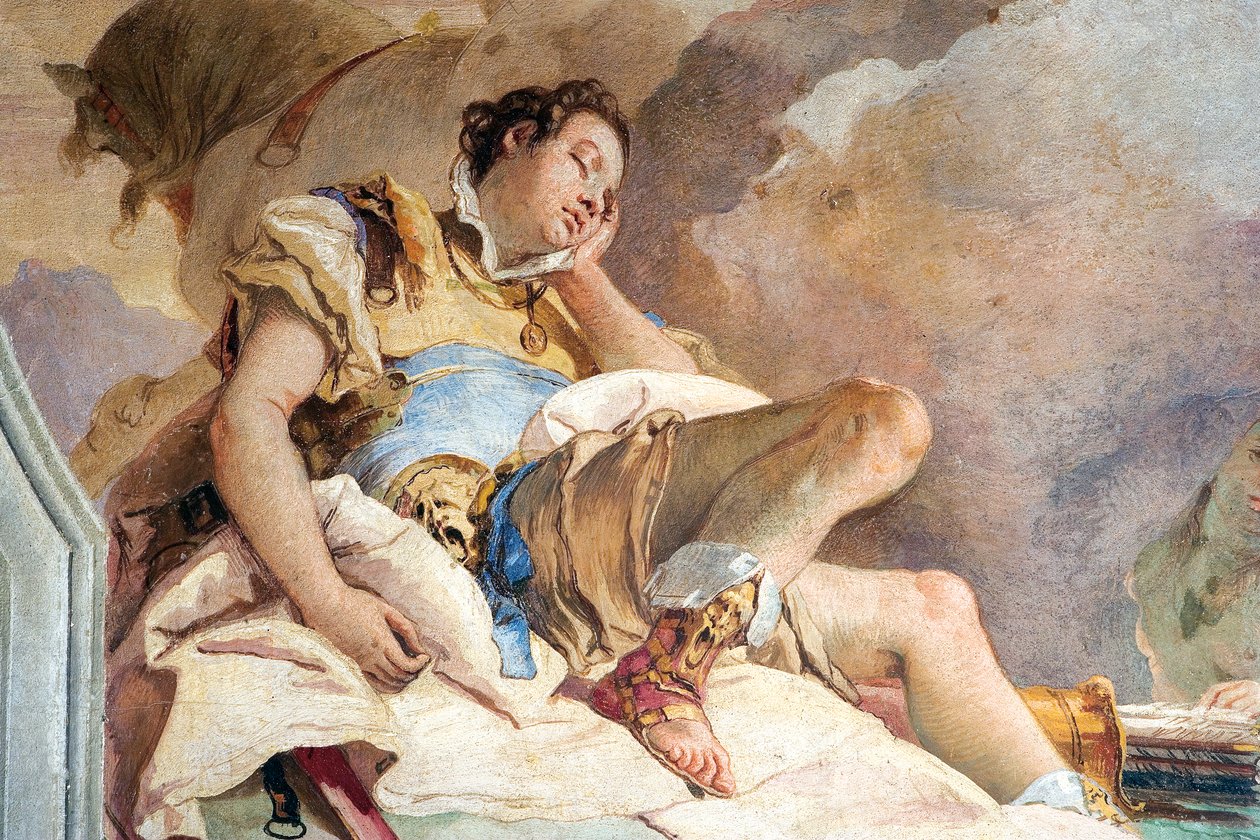 Detalje af Rinaldo, fra Armida, der bortfører den sovende Rinaldo, fra Jerusalems værelse leveret i Palazzina, 1757 af Giovanni Battista Tiepolo