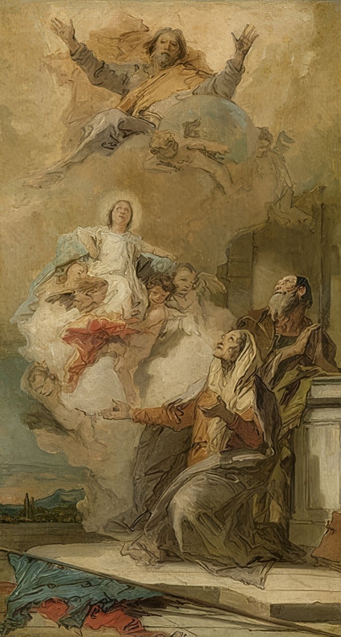 Den ubesmittede undfangelse (Joachim og Anna modtager Maria fra Gud). Omkring 1757-59 af Giovanni Battista Tiepolo