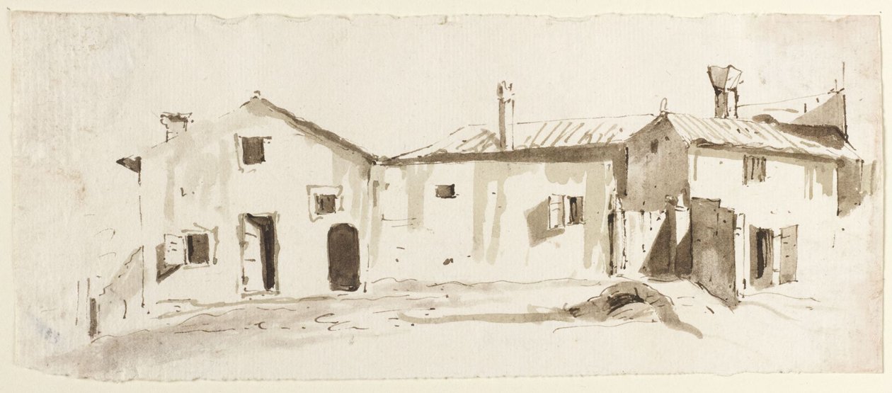 Landbrugsbygninger med åbne døre, bro og port af Giovanni Battista Tiepolo
