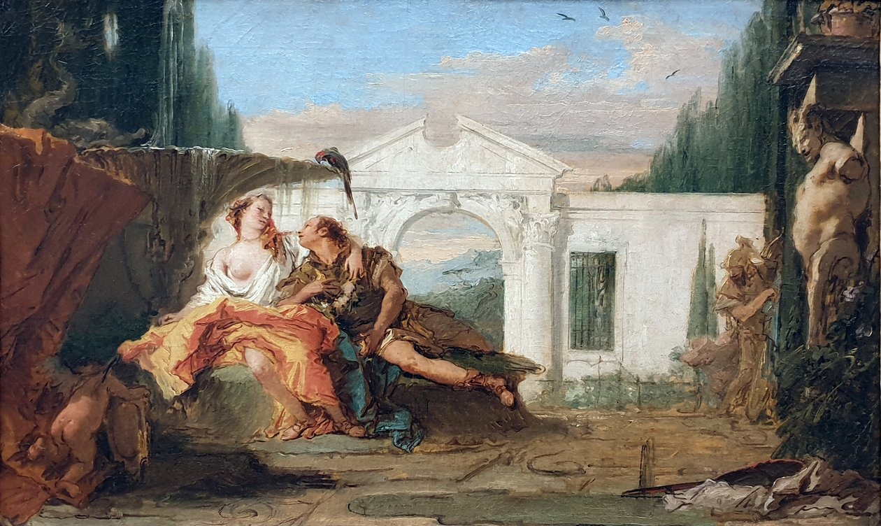 Tysk:  Rinaldo und Armida im Zaubergarten Armidas, von Carlo und Ubaldo belauscht Rinaldo og Armida i Armidas magiske have, aflyttet af Carlo og Ubaldo af Giovanni Battista Tiepolo