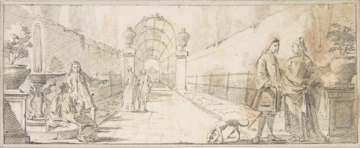 Illustration til en bog:  Personer i samtale i en have af Giovanni Battista Tiepolo