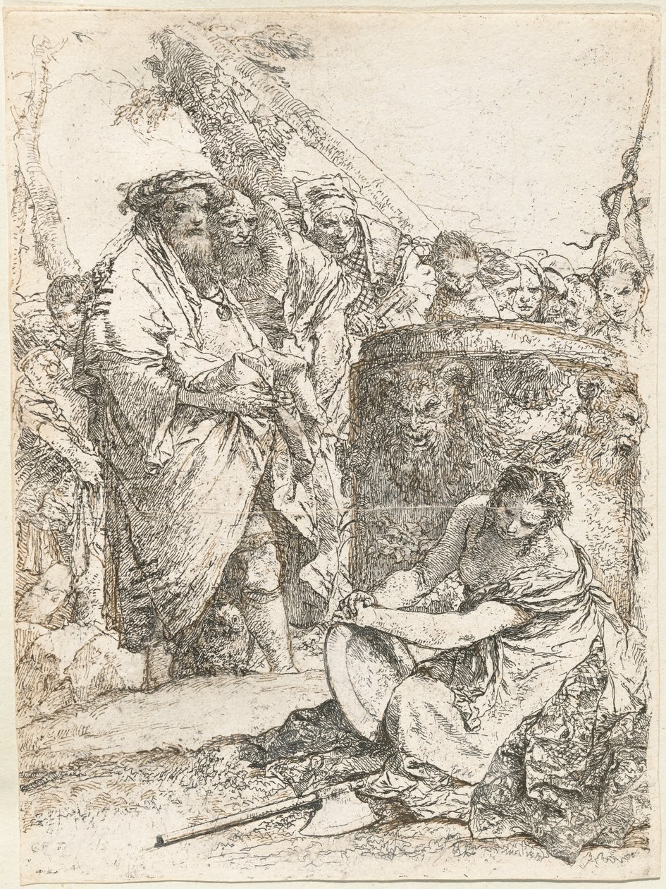 Tryllekunstner og andre figurer foran et brændende alter med kranium og knogler af Giovanni Battista Tiepolo