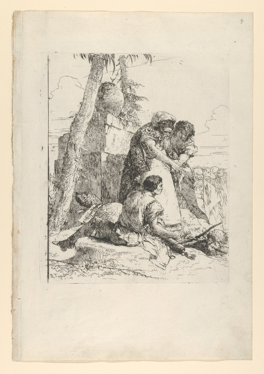 Tryllekunstner peger på et brændende hoved til to unge fra Scherzi, ca. 1743-50. af Giovanni Battista Tiepolo