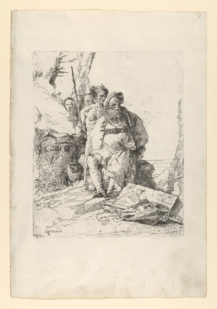 Tryllekunstner med fire figurer nær et rygende alter, fra Scherzi, ca. 1743-52. af Giovanni Battista Tiepolo